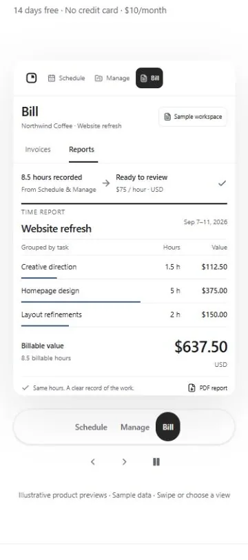 Basetime: billing report — public sample workspace (mobile)