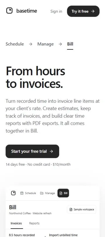 Basetime: invoicing — public sample workspace (mobile)