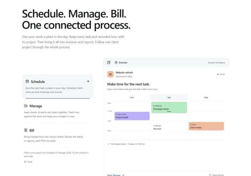 Basetime: scheduling workflow — public sample workspace (desktop)