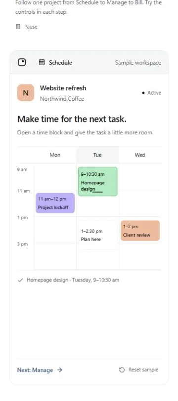 Basetime: scheduling workflow — public sample workspace (mobile)