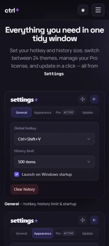 ctrl+: general and appearance settings showcase (mobile)