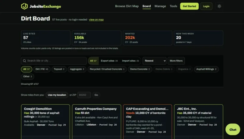 JobsiteExchange: dirt board listings (desktop)