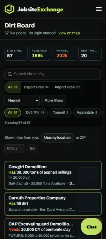 JobsiteExchange: dirt board listings (mobile)