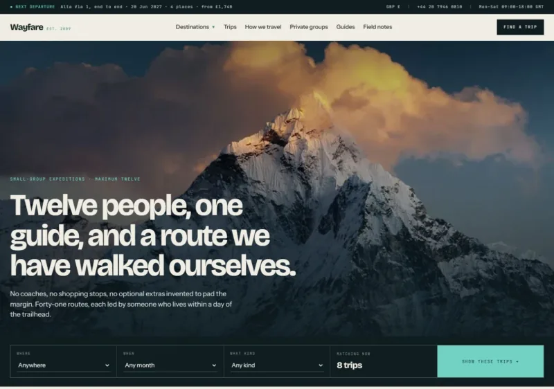 PrismWP: wayfare travel theme — live demo (desktop)