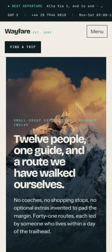 PrismWP: wayfare travel theme — live demo (mobile)